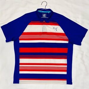 Puma Men's Blue and Red Striped Polo Shirt